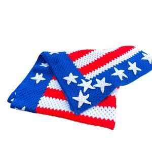 Vintage 1970s Handmade Crochet American Flag Throw Blanket 53x79 Americana